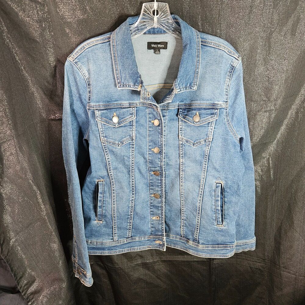 Women's Medium Wash Classic Preppy Denim Jean Jacket Euc Large